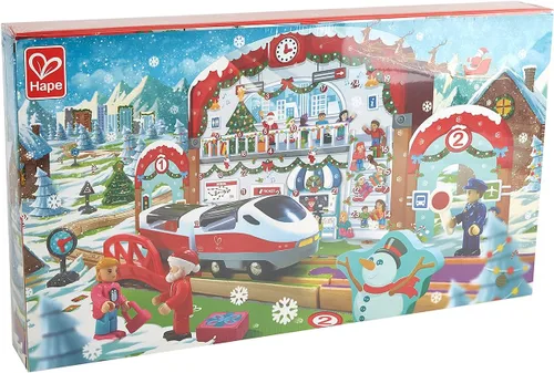 Vista 3 de Hape Juego de 24 piezas de calendario de Adviento de madera para Navidad, estación de tren con fondo decorado para niños, adolescentes y adultos