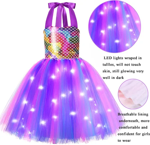 Vista 2 de Kakalver Mermaid Costume for Girls Mermaid Dress LED Light Up for Mermaid Birthday Decorations Halloween Dress Up Gifts