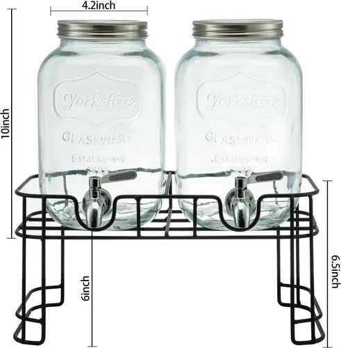 Vista 7 de Dispensadores de bebidas de vidrio de 1 galón para fiestas, paquete de 2 dispensadores de bebidas con soporte, cilindro de hielo y espita de acero