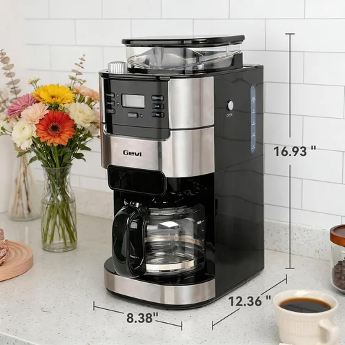 Vista 7 de Gevi Cafetera de 10 tazas con molinillo de rebabas integrado, temporizador programable, tanque de agua de 1.5L, filtro reutilizable y placa de negro