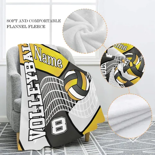 Vista 5 de Manta personalizada de voleibol en negro dorado, amarillo y blanco con nombre, manta de forro polar suave para hombres y mujeres, regalo