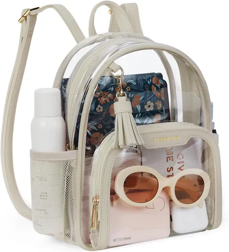 Vista 20 de Missnine Mochila transparente aprobada para estadios, mini bolsa transparente de PVC grueso con ribete de cuero para eventos deportivos, conciertos