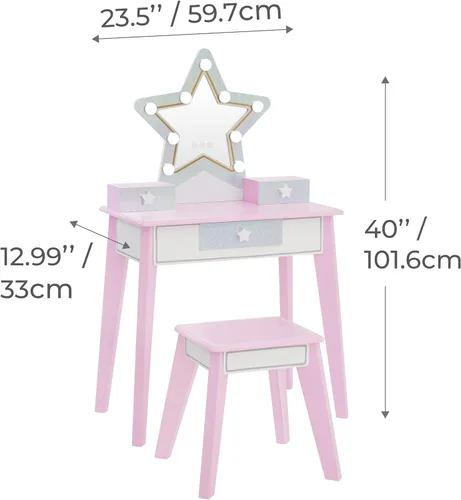 Vista 4 de Teamson Kids Juego de tocador de estrellas con luces LED para niñas, mesa de maquillaje rosa de 2 piezas para niños con espejo, 3 cajones