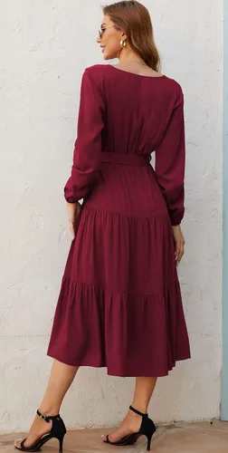 Vista 4 de Kormei Vestido largo de manga larga con cuello en V para mujer, casual, acampanado, para otoño, vintage, para fiesta, largo por debajo