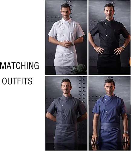 Vista 5 de Unisex Lightweight Chef Coat 2-Pocket One-Piece Collar Chef Jacket Men Chef Uniform With Snap Closure