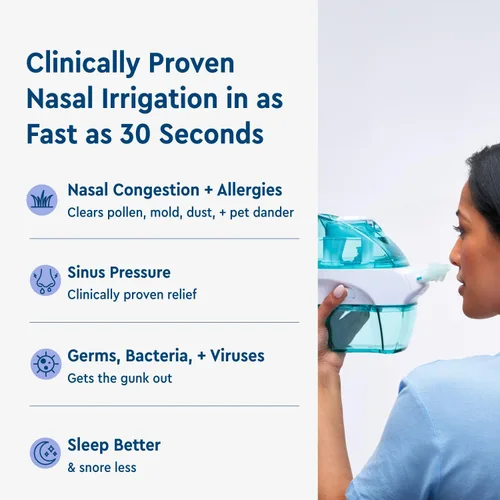 Vista 4 de Navage Paquete Multiusuario - Sistema de Irrigación Navage - Kit de Enjuague Nasal Salino con 1 Limpiador Nasal, 30 Cápsulas de Sal, y Base Nasal