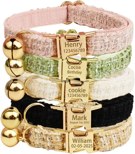 Vista 12 de Collar de gato reflectante personalizado con campana y hebilla separable, nombre grabado y número de teléfono