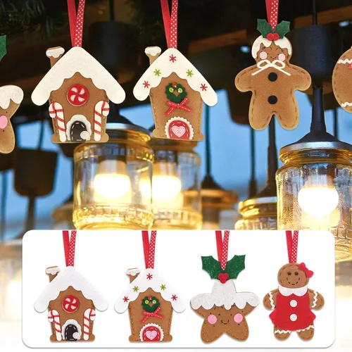 Vista 2 de Skylety Juego de 8 adornos grandes de fieltro 3D de jengibre para árbol de Navidad, decoraciones de árbol de fieltro de Navidad, bastón de caramelo