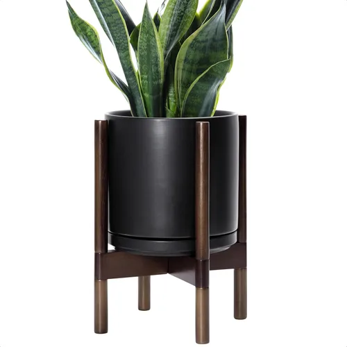 Vista 23 de D'vine Dev Maceta de cerámica con soporte de ébano – Maceta redonda moderna de 8 pulgadas con soporte para maceta de madera, color negro, 55-B-M-2