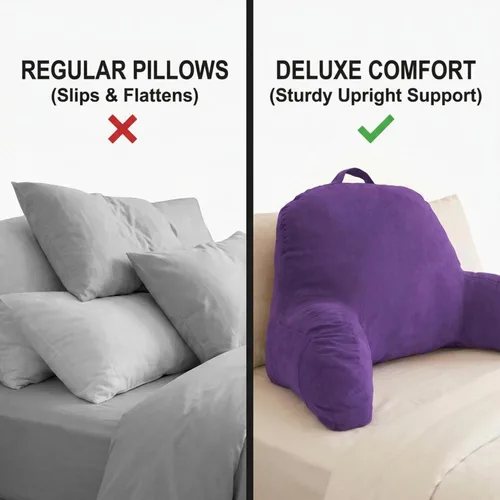 Vista 6 de Almohada con respaldo de microsuede para cama, color negro. La mejor almohada con respaldo para cama con apoya brazos para leer en la cama Morado