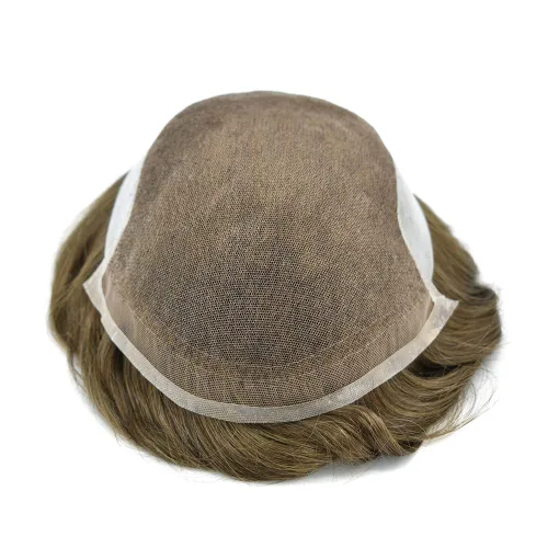 Vista 4 de Toupee para hombres sistemas de reemplazo de piel sintética con encaje suizo para hombre, nudos blanqueados, línea capilar natural para hombres