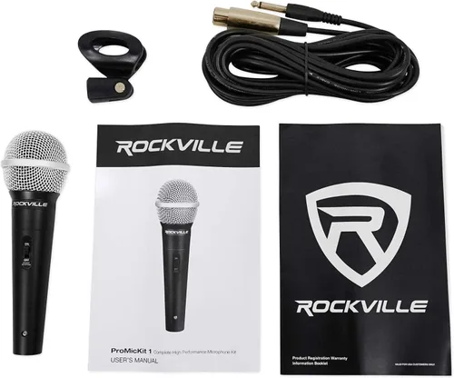 Vista 3 de Rockville Wired Pro Mic Kit 1 - Micrófono de metal de gama alta+soporte para micrófono+bolsa de transporte+cable, negro M-56 Neodymium Dynamic