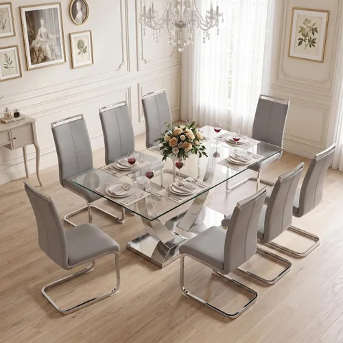 Vista 22 de Juego de mesa de comedor blanca para 6, 71 pulgadas, juego de mesa de comedor de mármol sintético para 6 Modern Dining Table Set for 6, Black PU