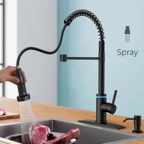 Vista 6 de Grifo de cocina táctil, rociador desplegable de 3 modos, sensor activado, válvula de cerámica, control de temperatura LED, rotación de 360 grados