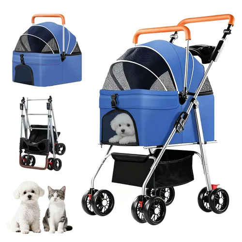 Vista 12 de YYW Cochecito para mascotas para perros y gatos pequeños, 3 en 1 plegable para gatitos, cachorros, carrito de paseo de viaje con portador extraíble