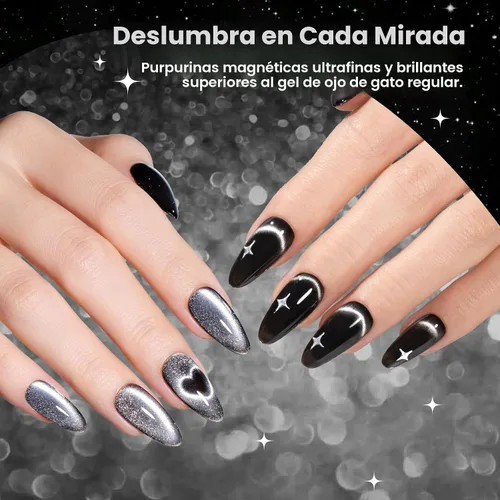 Vista 4 de Beetles - Juego de esmaltes de gel blanco y negro, 6 colores plateados, ojo de gato, purpurina brillante con imán, arte de uñas UV LED, hogar, salón