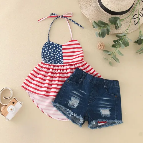 Vista 3 de TBUIALL Conjunto de ropa de Halloween para niñas pequeñas, sin mangas, día de la independencia, estrella, rayas, leggings para bebé, 3-6