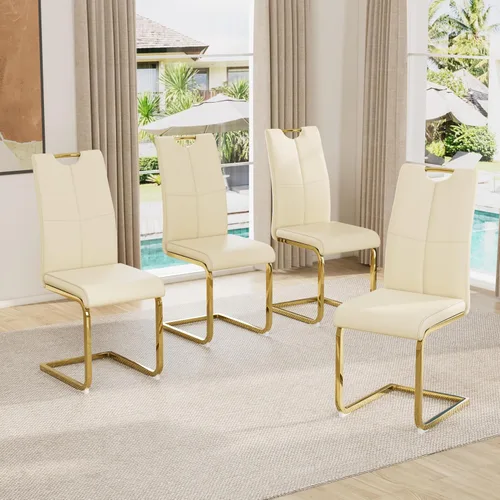 Vista 29 de Juego de sillas de comedor modernas (2 unidades) de piel sintética PU con respaldo alto tapizadas con patas doradas de metal para cocina y comedor