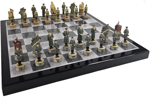 Vista 2 de Juego de ajedrez de la Segunda Guerra Mundial de Estados Unidos vs Alemania con tablero de color de fibra de carbono negro de 18 pulgadas WW2