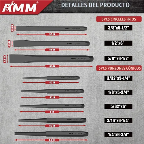 Vista 3 de AMM - Juego de cinceles de perforación de alta resistencia, 16 piezas, Cr-V para metal y madera automotriz