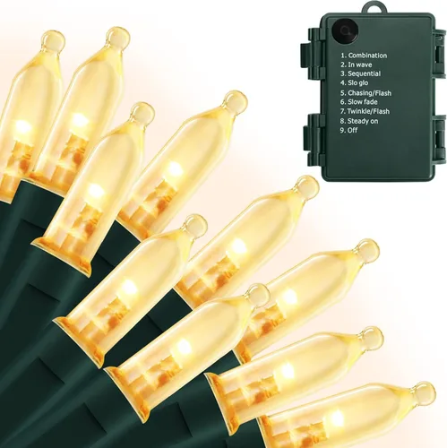 Vista 17 de Luces de Navidad a pilas, paquete de 2 mini tiras de 50 luces LED de 17 pies con 8 modos de temporizador automático, luces de árbol impermeables