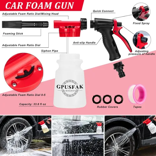 Vista 2 de 16Pcs Kit de Limpieza para Lavado de Auto con Pistola de Espuma, Cepillos de Detalle, Herramienta de Limpieza de Parabrisas, Cepillos para Llanta