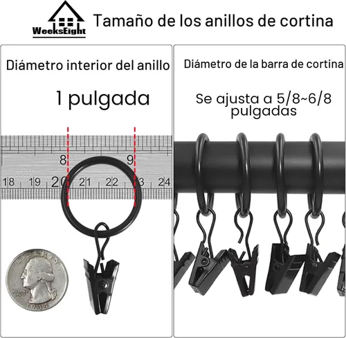 Vista 3 de WeeksEight Paquete de 44 anillos de cortina negros con clips, ganchos de cortina, ganchos de clip para colgar cortinas, lazos, sombreros, anillos