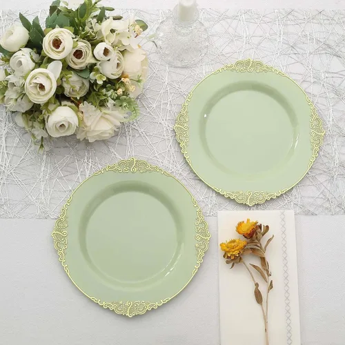 Vista 6 de Tableclothsfactory Paquete de 10 platos redondos de plástico barroco verde salvia/dorado de 8 pulgadas para ensalada de postre, vajilla desechable
