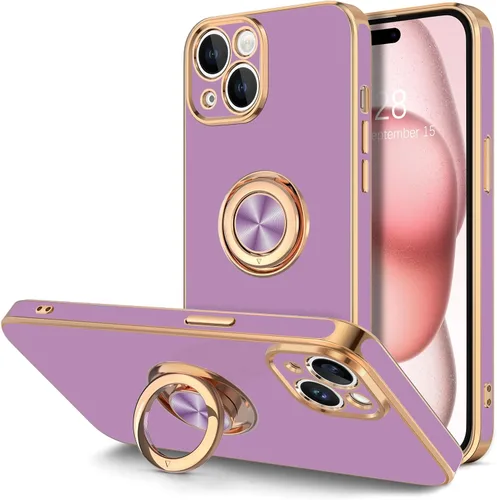Vista 21 de Hython Funda para iPhone 15 con Soporte de Anillo, Soporte de Anillo Giratorio de 360° Soporte Magnético, Borde Chapado en Oro Rosa Cubierta Suave