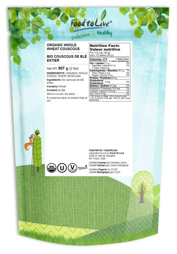 Vista 2 de Cuscús de trigo integral orgánico, 2 libras, sin OMG, Kosher, crudo, vegano, a granel