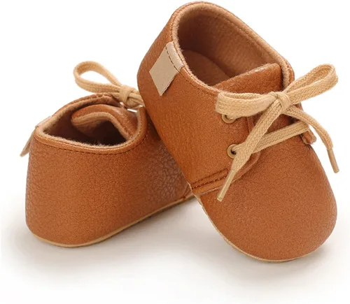 Vista 5 de Zapatos de piel sintética para bebés, niños y niñas, suela de goma suave, con cordones, zapatos Oxford para cuna para niños pequeños que caminan