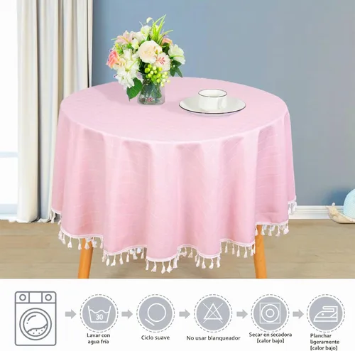 Vista 6 de ShinyBeauty Mantel Redondo Rosa Bebé de 55 Pulgadas Mantel Gingham Rosa a Cuadros Mantel de Mesa de Algodón para Mesa Redonda Mantel a Cuadros Rosa
