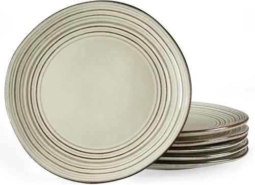 Vista 8 de famiware Platos llanos, juego de platos pequeños de 8 pulgadas para 6, platos de ensalada de cerámica moteados hechos a mano, aptos para microondas