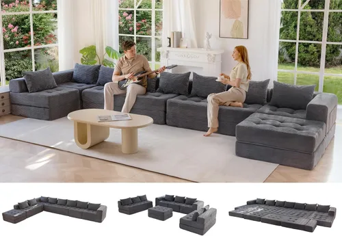 Vista 18 de MAXYOYO Sofá modular seccional, sofá plegable en forma de U con almohadas, sofá tumbona copetudo de 6 asientos sin huesos para sala de estar,