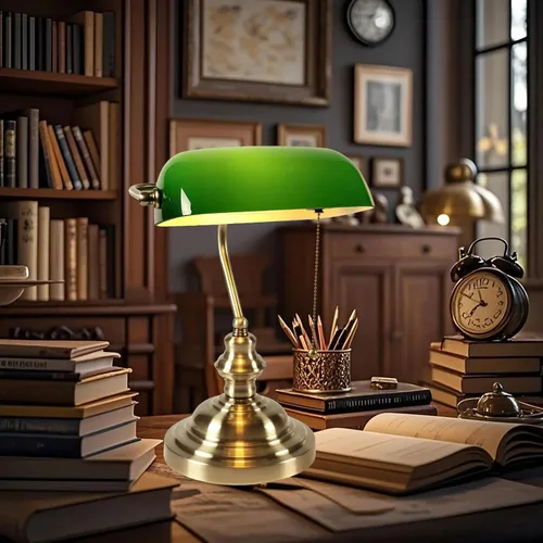 Vista 9 de Bankers - Lámpara de escritorio con interruptor de cadena, lámparas de escritorio con pantalla de vidrio verde, lámpara tradicional de biblioteca