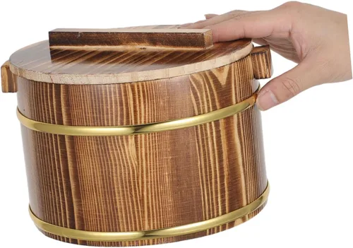 Vista 4 de DOITOOL Cubo de arroz de madera para cocinar arroz, cubo de vapor para sushi, cuenco de arroz japonés Hangiri Sushi Oke Rice Mixing Tub con tapa