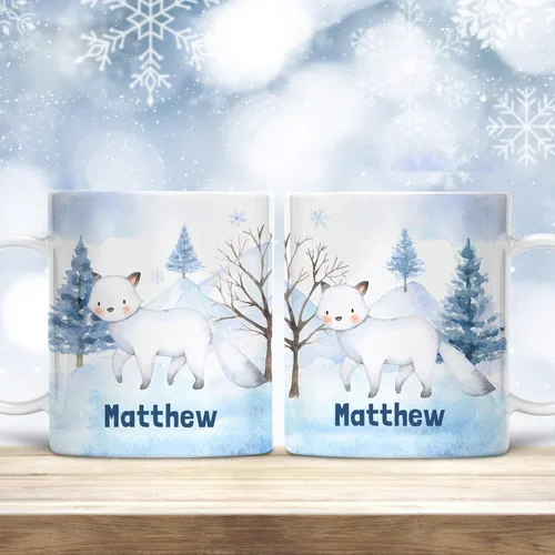 Vista 4 de Taza de Navidad para niños personalizable con nombre Winter Fox in Snow irrompible para niños Apto para lavavajillas, sin BPA y melamina