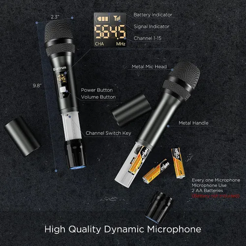 Vista 5 de Bietrun - Sistema de micrófono inalámbrico XLR, rango de 165 pies, micrófono de mano dinámico de metal dual UHF profesional inalámbrico con cable
