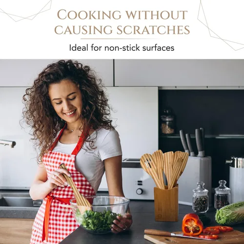 Vista 6 de Top Notch Kitchenware Juego de utensilios de cocina de bambú (5 piezas) con soporte de bambú Utensilios de servir de primera calidad Utensilios