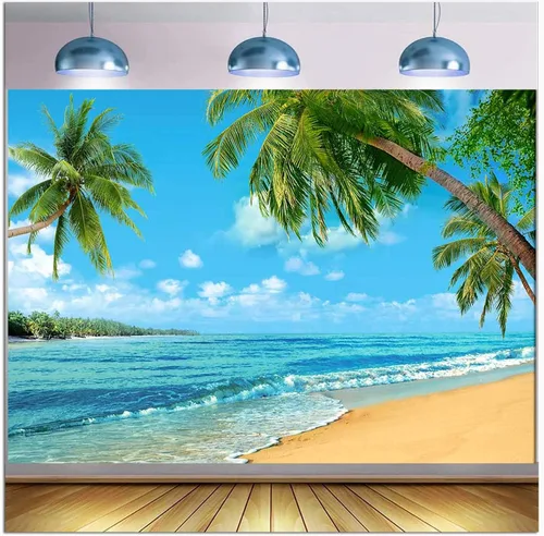 Vista 2 de Fondo tropical de verano para fotografía de palmera o playa de Hawaii, 7 x 5 pies, cielo marino azul, sol, Luau, fiesta, fondo de foto, boda, novia