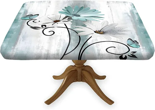 Vista 9 de Mantel cuadrado geométrico, ajustable, color turquesa, verde azulado degradado, con borde elástico, resistente a derrames y manchas, para mantel