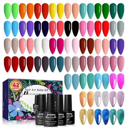 Vista 11 de JEWHITENY Juego de 30 esmaltes de uñas de 27 colores, verde, azul, rosa, naranja, Gitter Sock Off Gel Polish con capa base superior mate y brillante