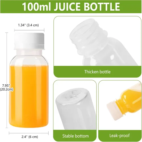 Vista 2 de zmybcpack Paquete de 24 botellas de jugo de plástico de polipropileno de 3.4 fl oz resistentes al calor con tapas, botellas de chupito de plástico
