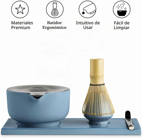 Vista 2 de Fellow Juego de 6 cuencos de cerámica Matcha con bandeja de exhibición Azul (Hazy Blue)