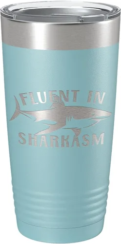 Vista 13 de Fluent in Sharkasm Tumbler Sarcasm Travel Mug Funny Shark Gift Insulated Laser Engraved Coffee Cup 20 oz Black