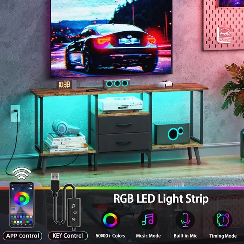 Vista 3 de GYIIYUO Soporte de TV pequeño con cajones de tela/luz LED para TV de 55 pulgadas, centro de entretenimiento con estantes abiertos de almacenamiento