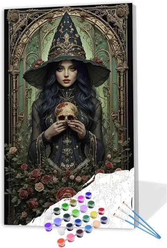 Vista 10 de Tucocoo Pintura de bruja por números para adultos y niños, rosas rojas, pintura en lienzo por números, pintura acrílica, manualidades, decoración