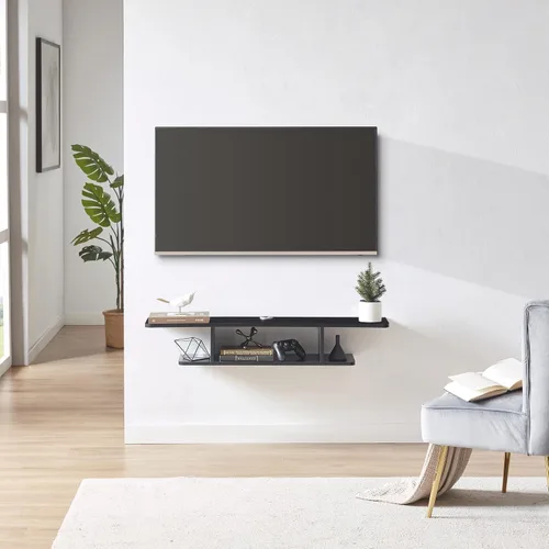 Vista 5 de GHC Soporte de TV flotante, centro de entretenimiento montado en la pared y estante de gabinete, consola de TV con almacenamiento, consola