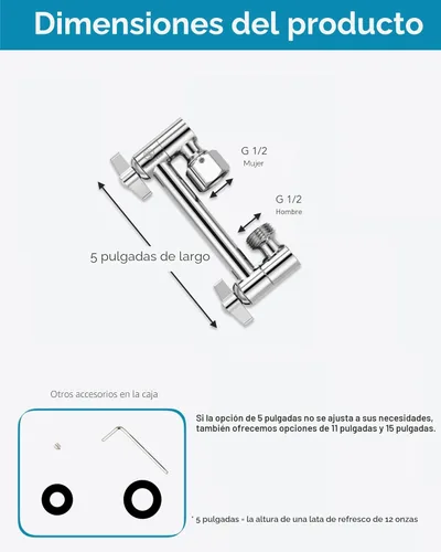Vista 6 de Brazo de extensión para cabezal de ducha ajustable de 5 pulgadas, con tornillo de fijación con seguro, de latón cromado con ángulo ajustable