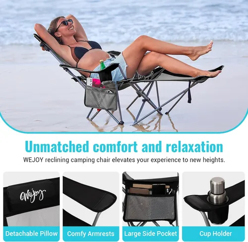 Vista 5 de Silla de Camping Reclinable 2-en-1 de #WEJOY con Reposapiés para Adultos Silla Plegable de Salón con Respaldo Ajustable Sillas de Camping Ligeras